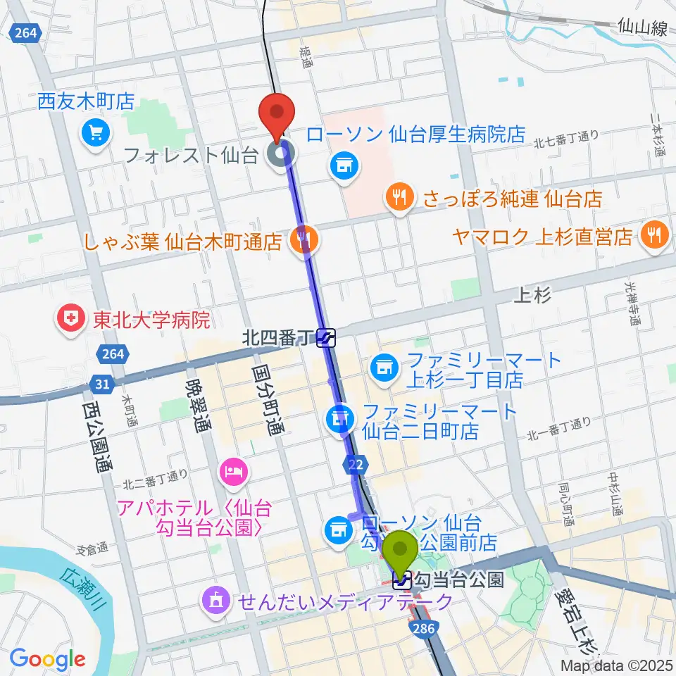 勾当台公園駅からラフォーレギター教室へのルートマップ地図