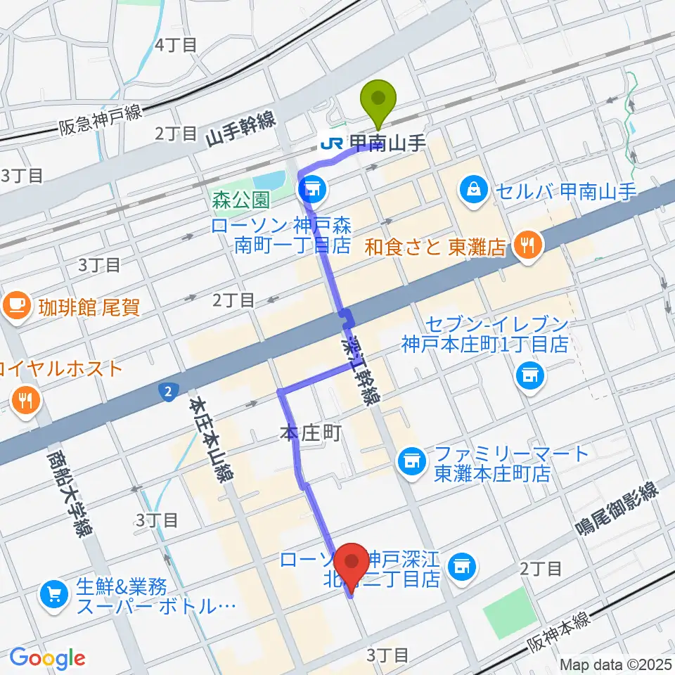 甲南山手駅からレオミュージックへのルートマップ地図