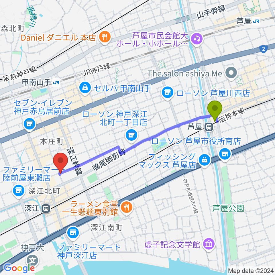 芦屋駅からレオミュージックへのルートマップ地図