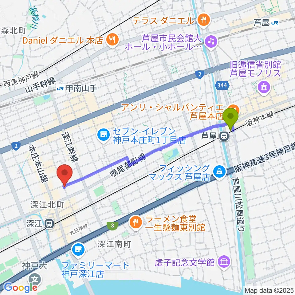 芦屋駅からレオミュージックへのルートマップ地図
