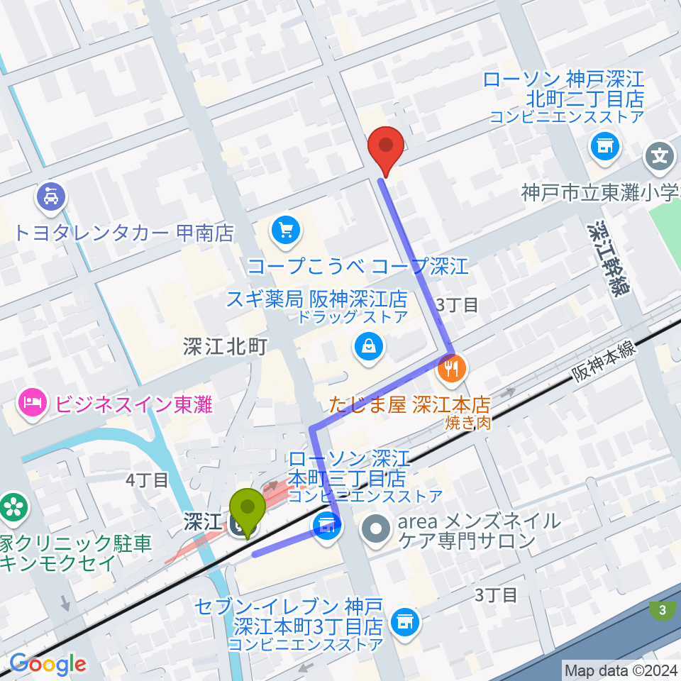 レオミュージックの最寄駅深江駅からの徒歩ルート（約4分）地図