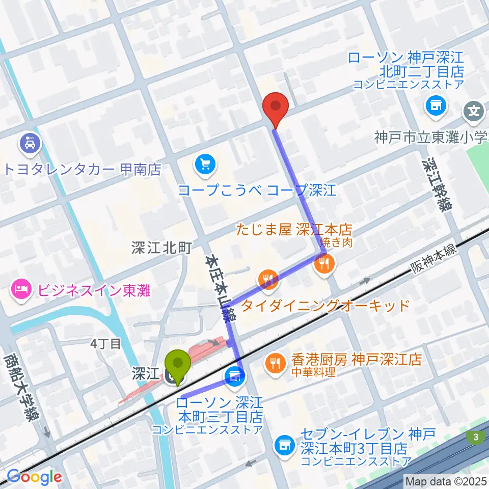 レオミュージックの最寄駅深江駅からの徒歩ルート（約4分）地図