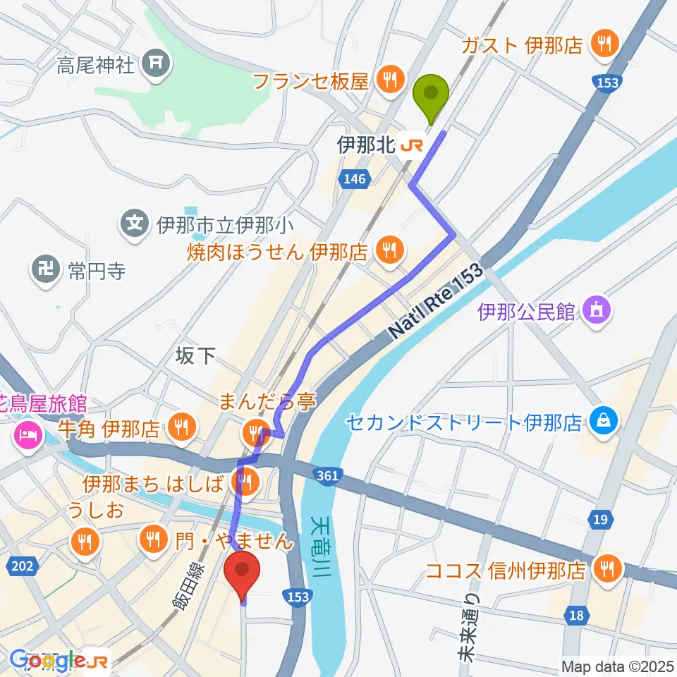 伊那北駅から伊那楽器 音楽教室へのルートマップ地図