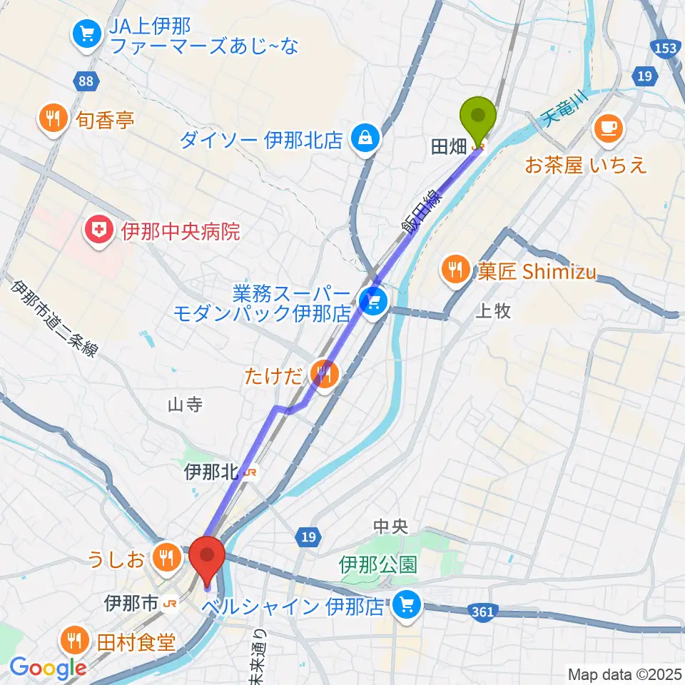 田畑駅から伊那楽器 音楽教室へのルートマップ地図