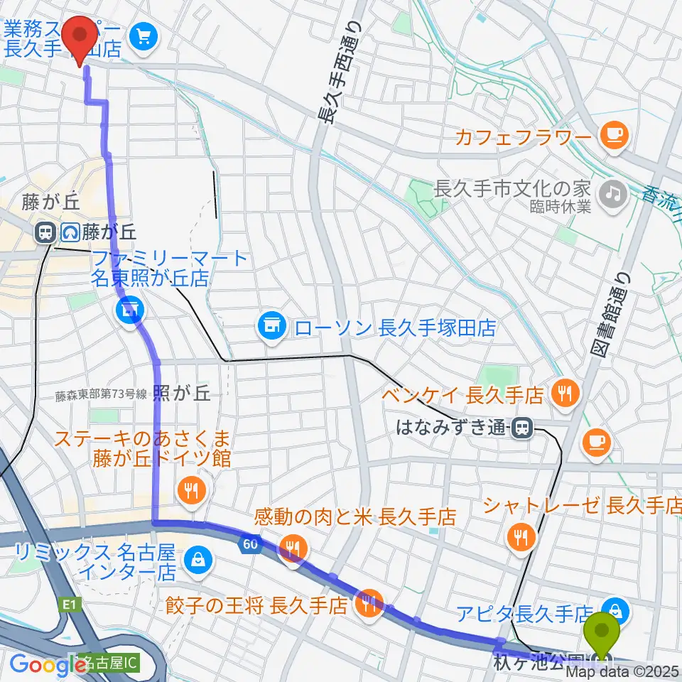 杁ヶ池公園駅から稲舟妙寿 三味線・小唄教室へのルートマップ地図