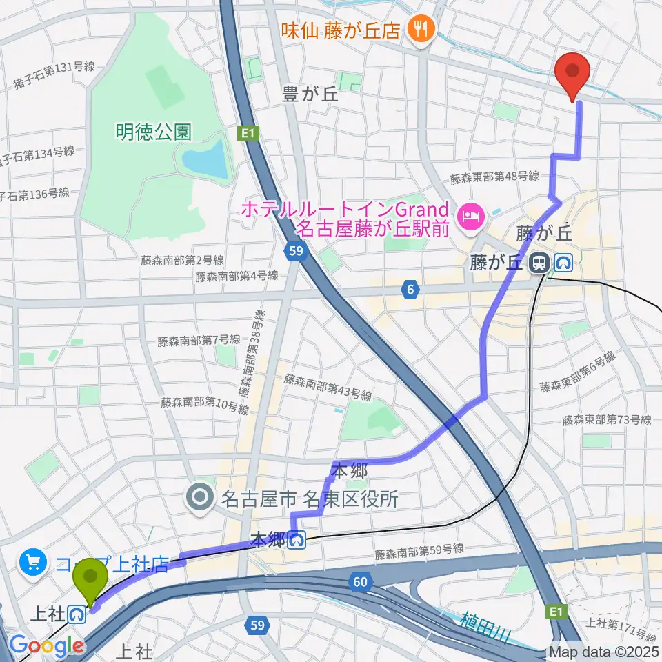 上社駅から稲舟妙寿 三味線・小唄教室へのルートマップ地図