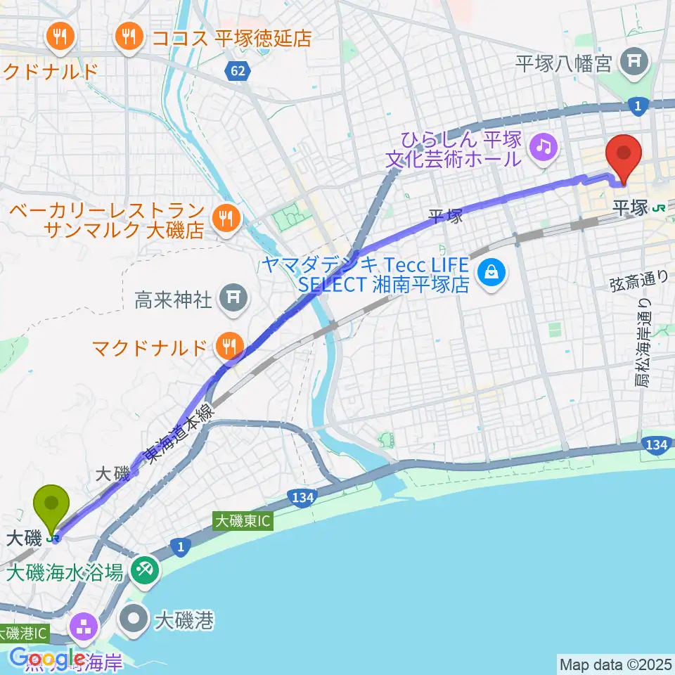 大磯駅から音楽スペースパルへのルートマップ地図