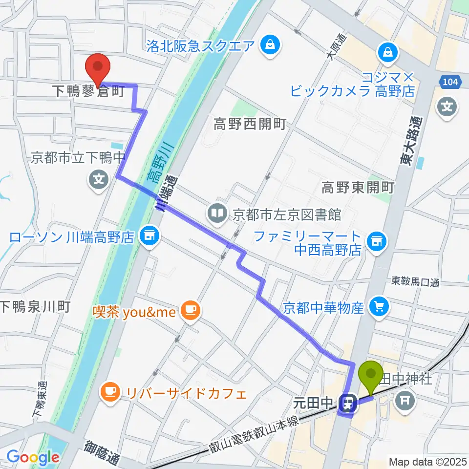 下鴨総合音楽教室の最寄駅元田中駅からの徒歩ルート（約14分）地図