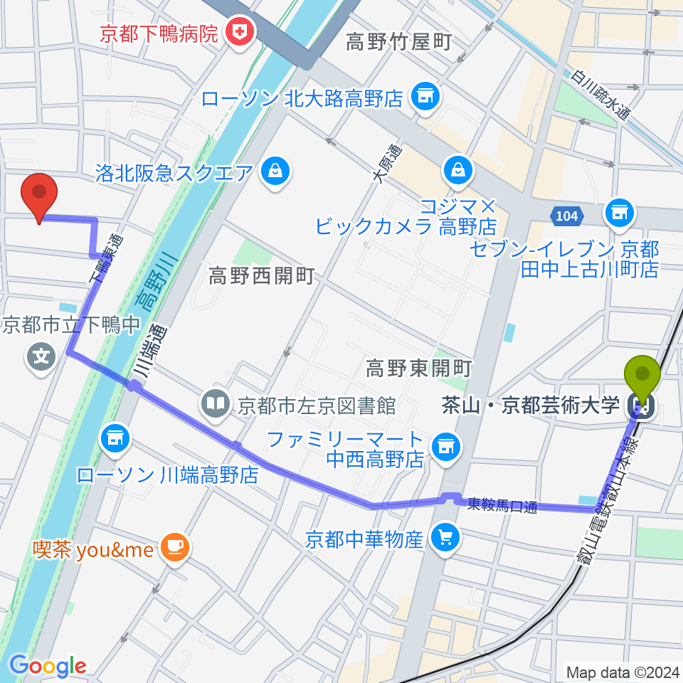 茶山駅から下鴨総合音楽教室へのルートマップ地図