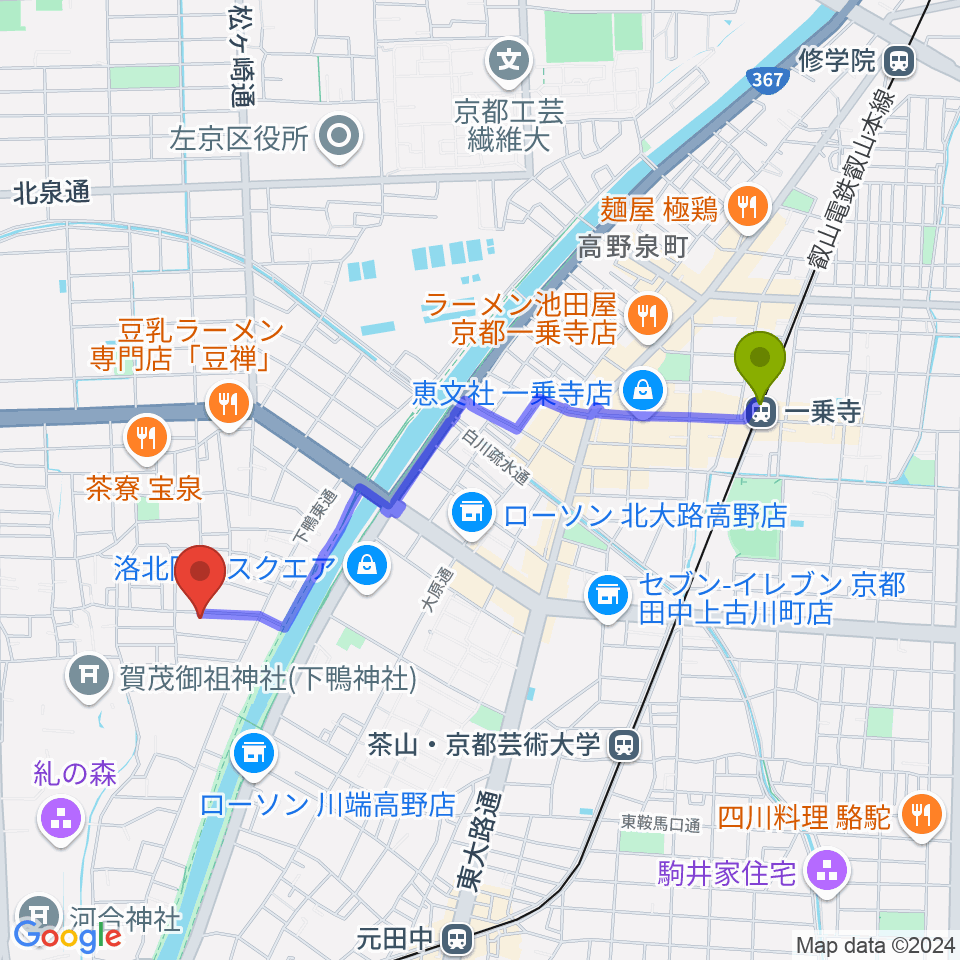 一乗寺駅から下鴨総合音楽教室へのルートマップ地図