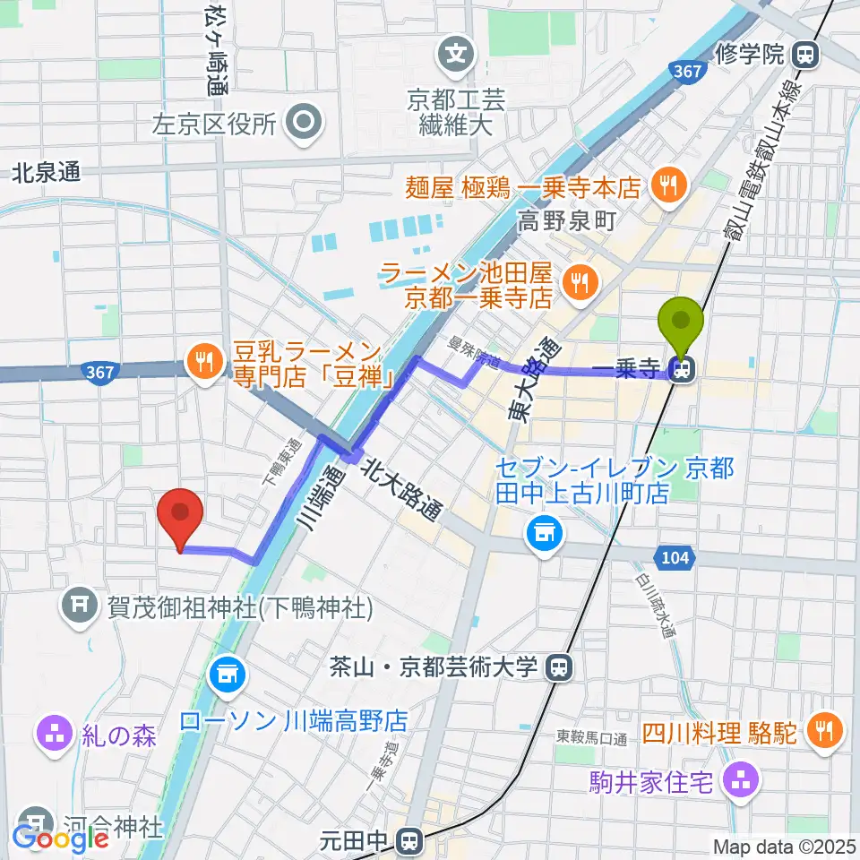 一乗寺駅から下鴨総合音楽教室へのルートマップ地図