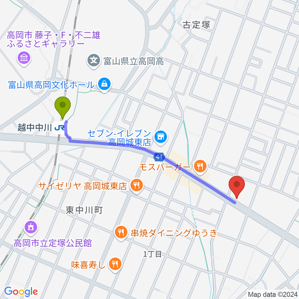 開進堂楽器 MPC高岡の最寄駅越中中川駅からの徒歩ルート（約10分）地図