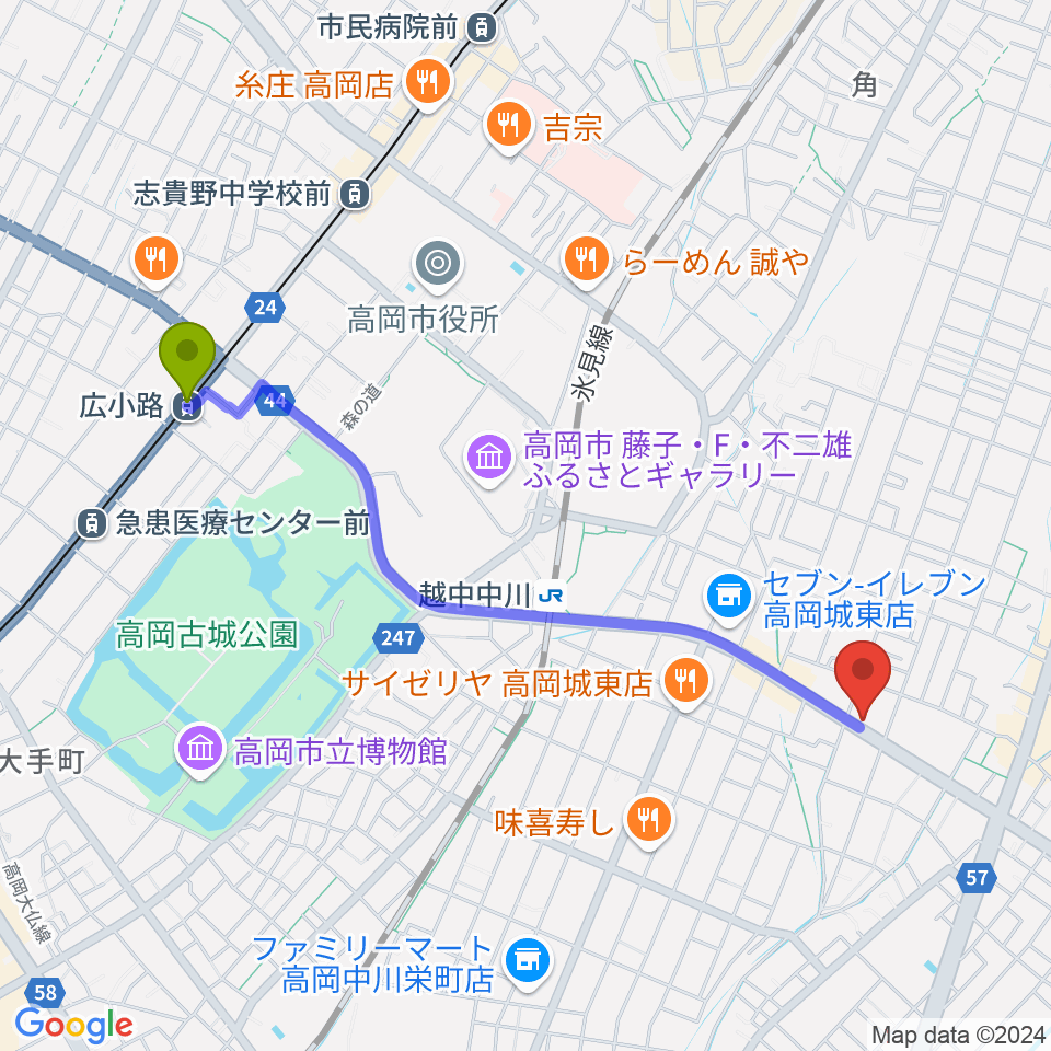 広小路駅から開進堂楽器 MPC高岡へのルートマップ地図