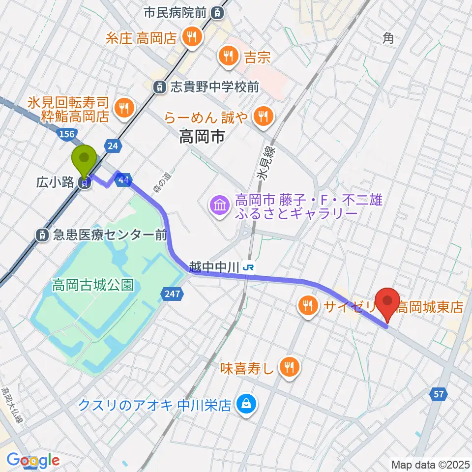 広小路駅から開進堂楽器 MPC高岡へのルートマップ地図