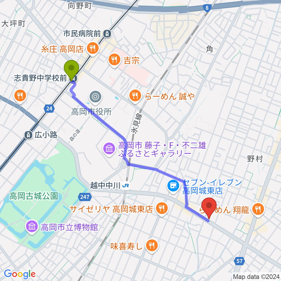 志貴野中学校前駅から開進堂楽器 MPC高岡へのルートマップ地図