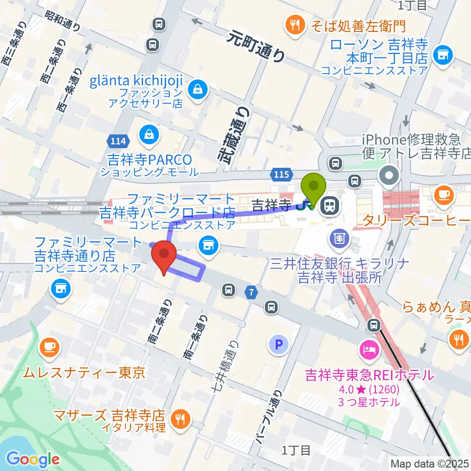 宮地楽器MUSICJOY吉祥寺の最寄駅吉祥寺駅からの徒歩ルート（約3分）地図