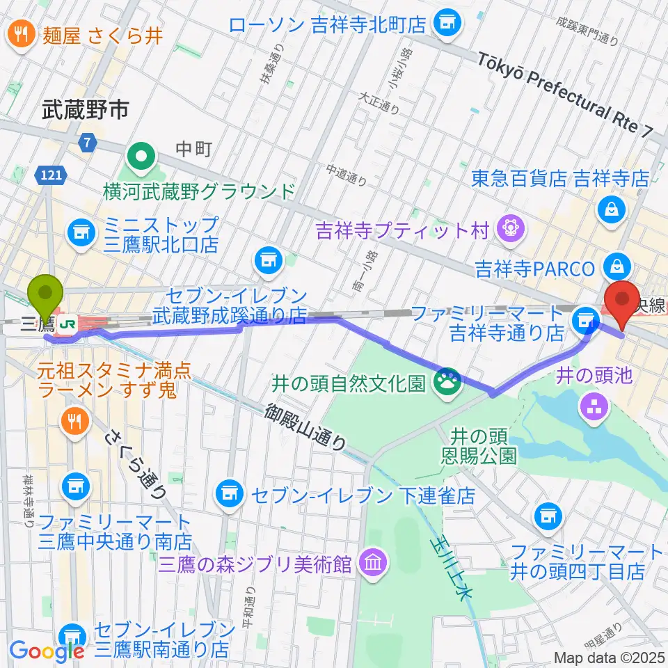 三鷹駅から宮地楽器MUSICJOY吉祥寺へのルートマップ地図