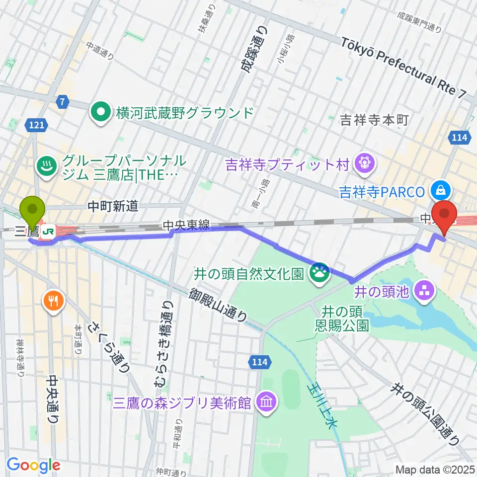 三鷹駅から宮地楽器MUSICJOY吉祥寺へのルートマップ地図