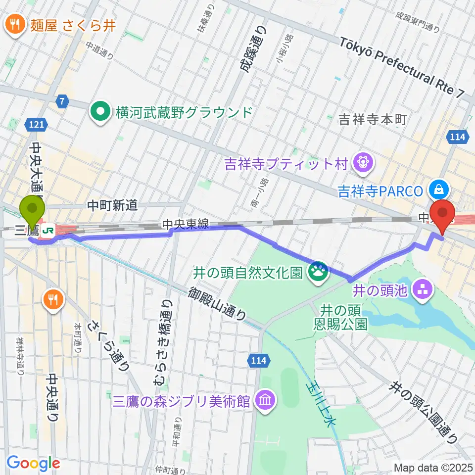 三鷹駅から宮地楽器MUSICJOY吉祥寺へのルートマップ地図