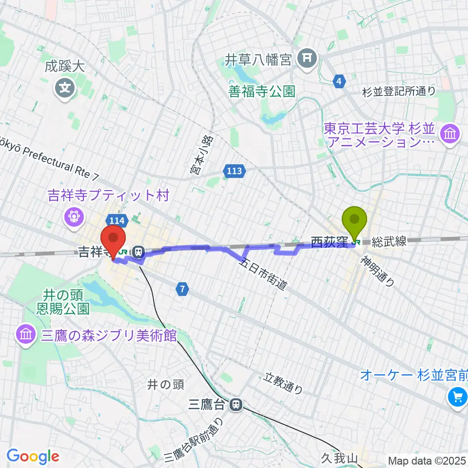 西荻窪駅から宮地楽器MUSICJOY吉祥寺へのルートマップ地図