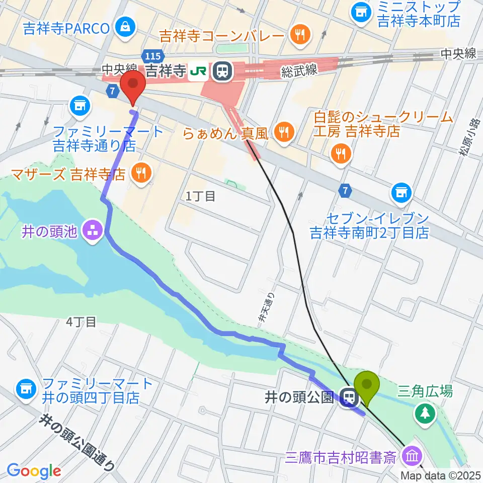 井の頭公園駅から宮地楽器MUSICJOY吉祥寺へのルートマップ地図