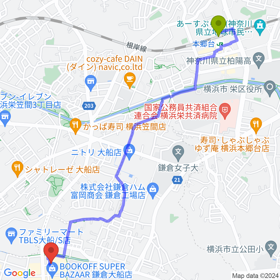 本郷台駅からヨークカルチャーセンター大船へのルートマップ地図