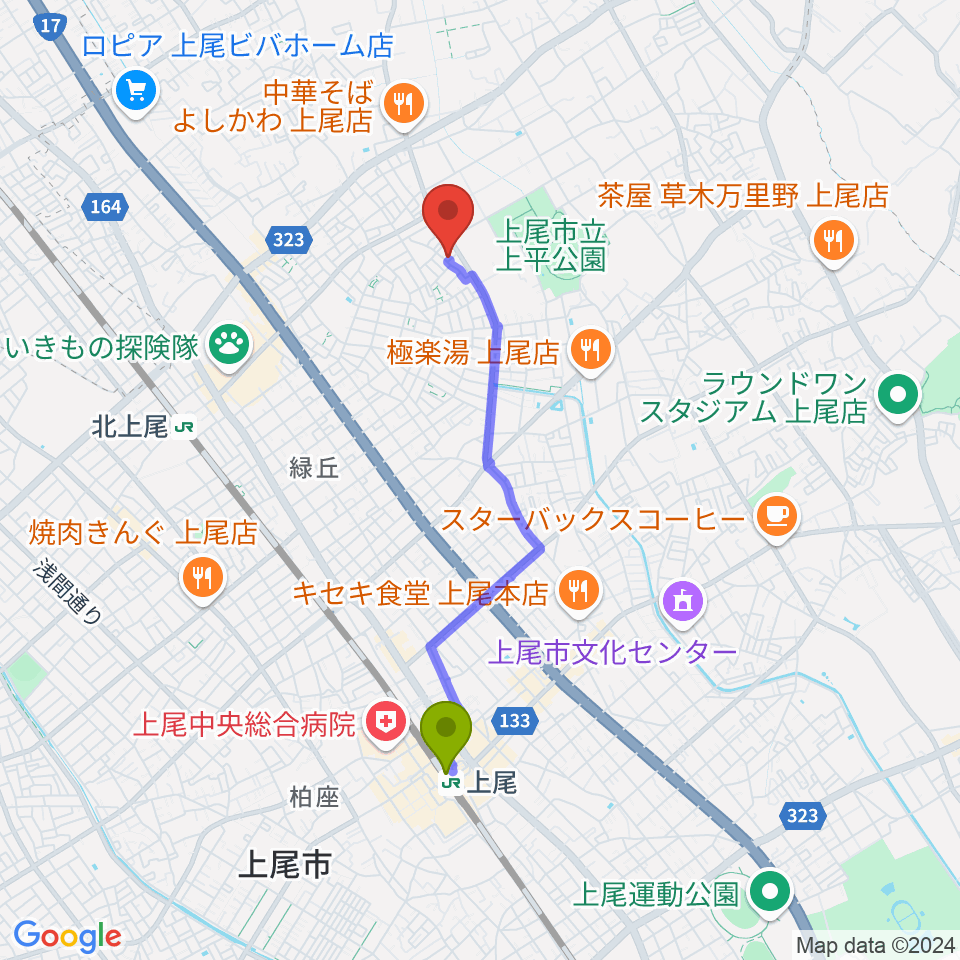 上尾駅から工藤ピアノ教室へのルートマップ地図