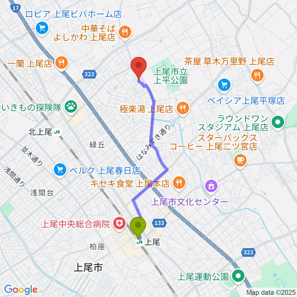 上尾駅から工藤ピアノ教室へのルートマップ地図