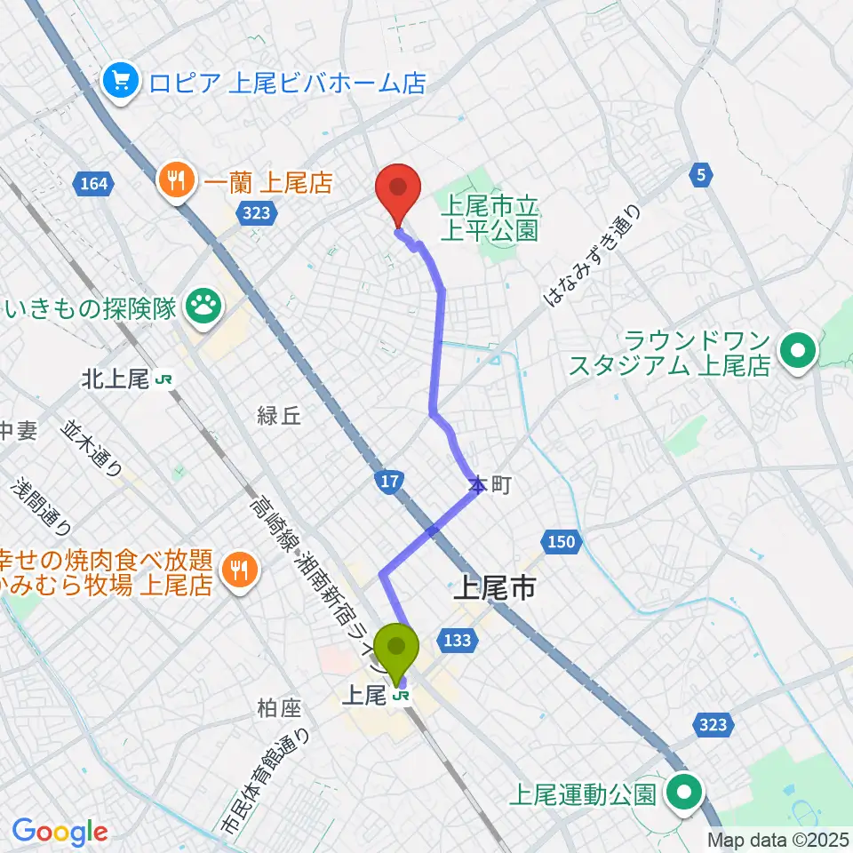 上尾駅から工藤ピアノ教室へのルートマップ地図