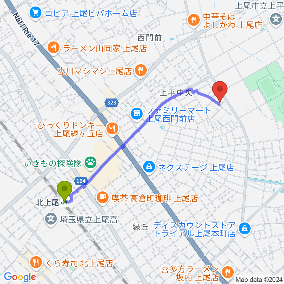 工藤ピアノ教室の最寄駅北上尾駅からの徒歩ルート（約20分）地図