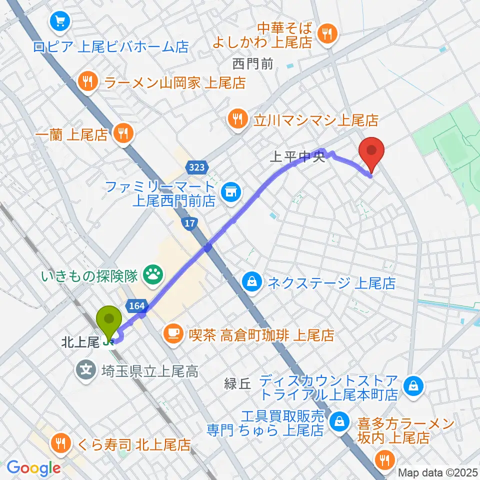 工藤ピアノ教室の最寄駅北上尾駅からの徒歩ルート（約20分）地図