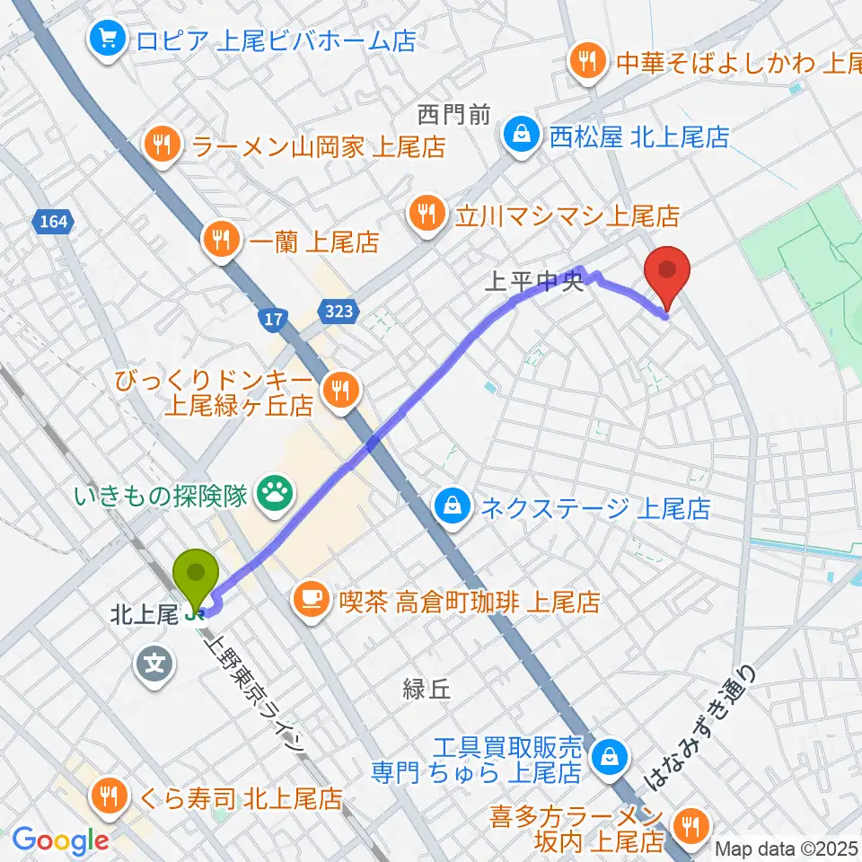 工藤ピアノ教室の最寄駅北上尾駅からの徒歩ルート（約20分）地図