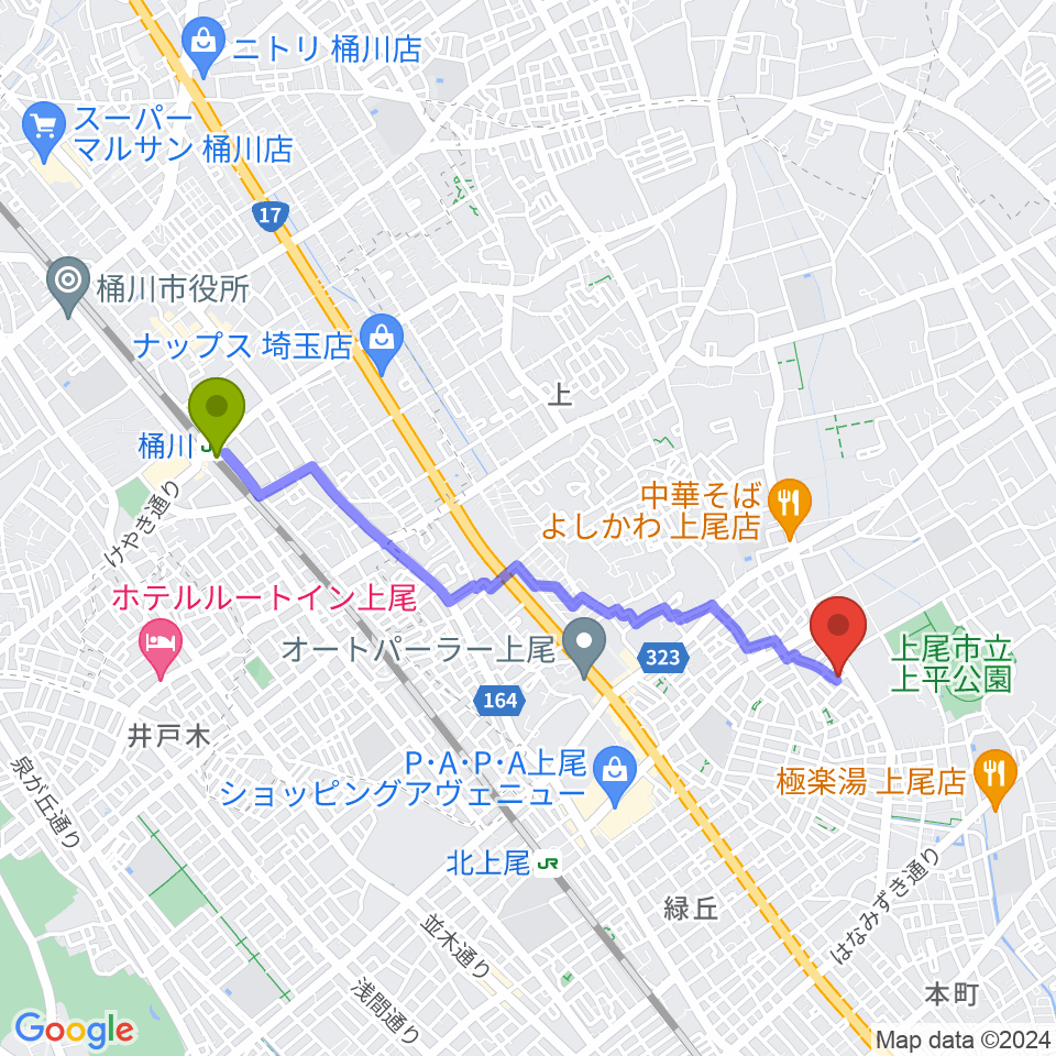 桶川駅から工藤ピアノ教室へのルートマップ地図