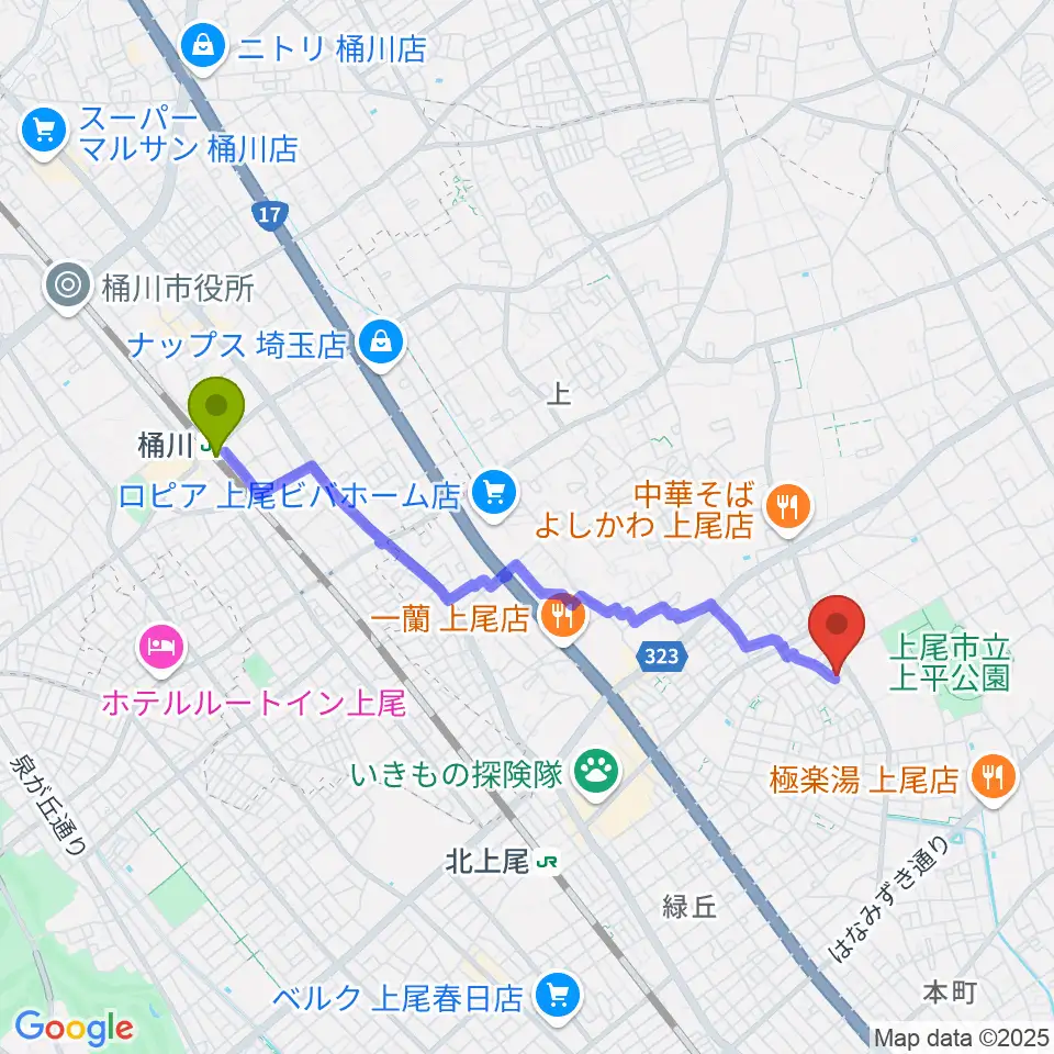 桶川駅から工藤ピアノ教室へのルートマップ地図