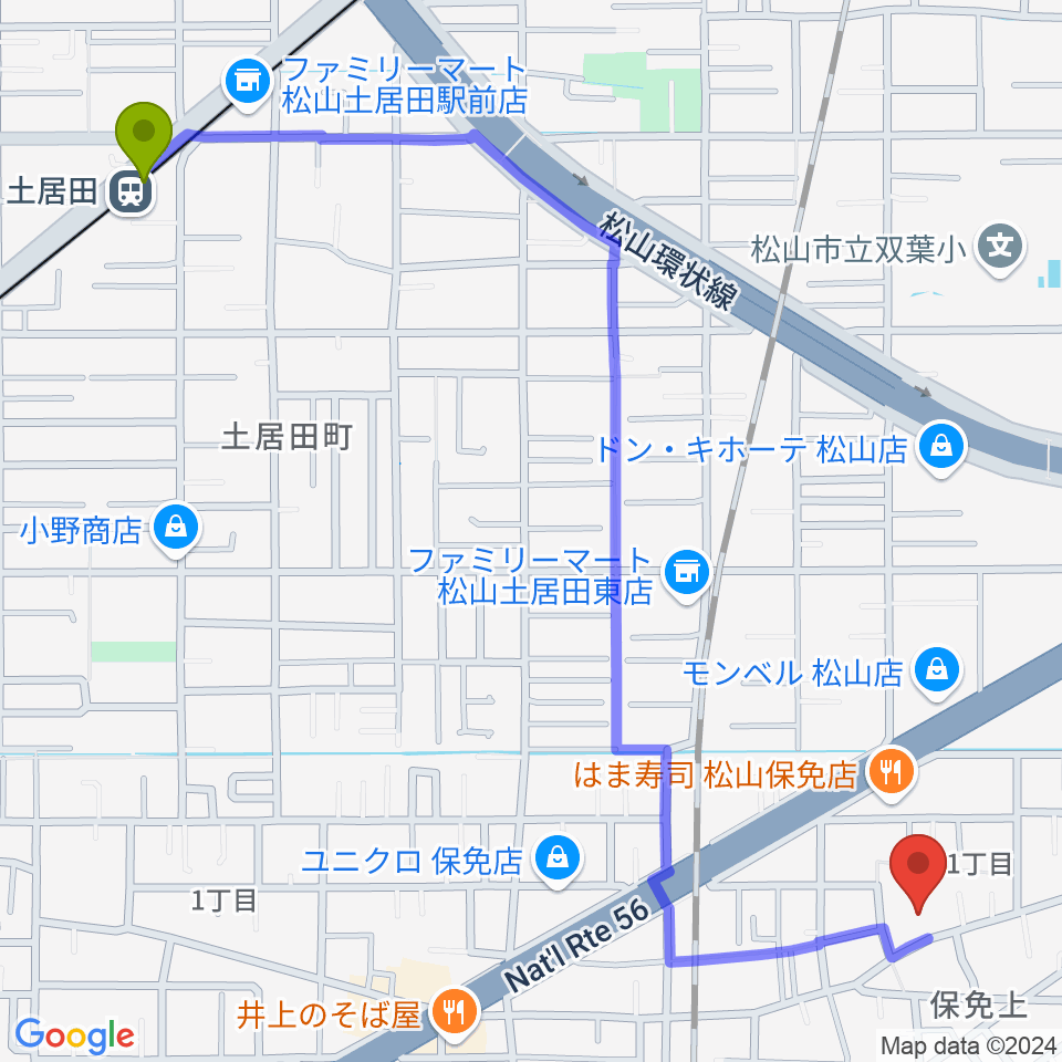 のぞみピアノ教室の最寄駅土居田駅からの徒歩ルート（約16分）地図