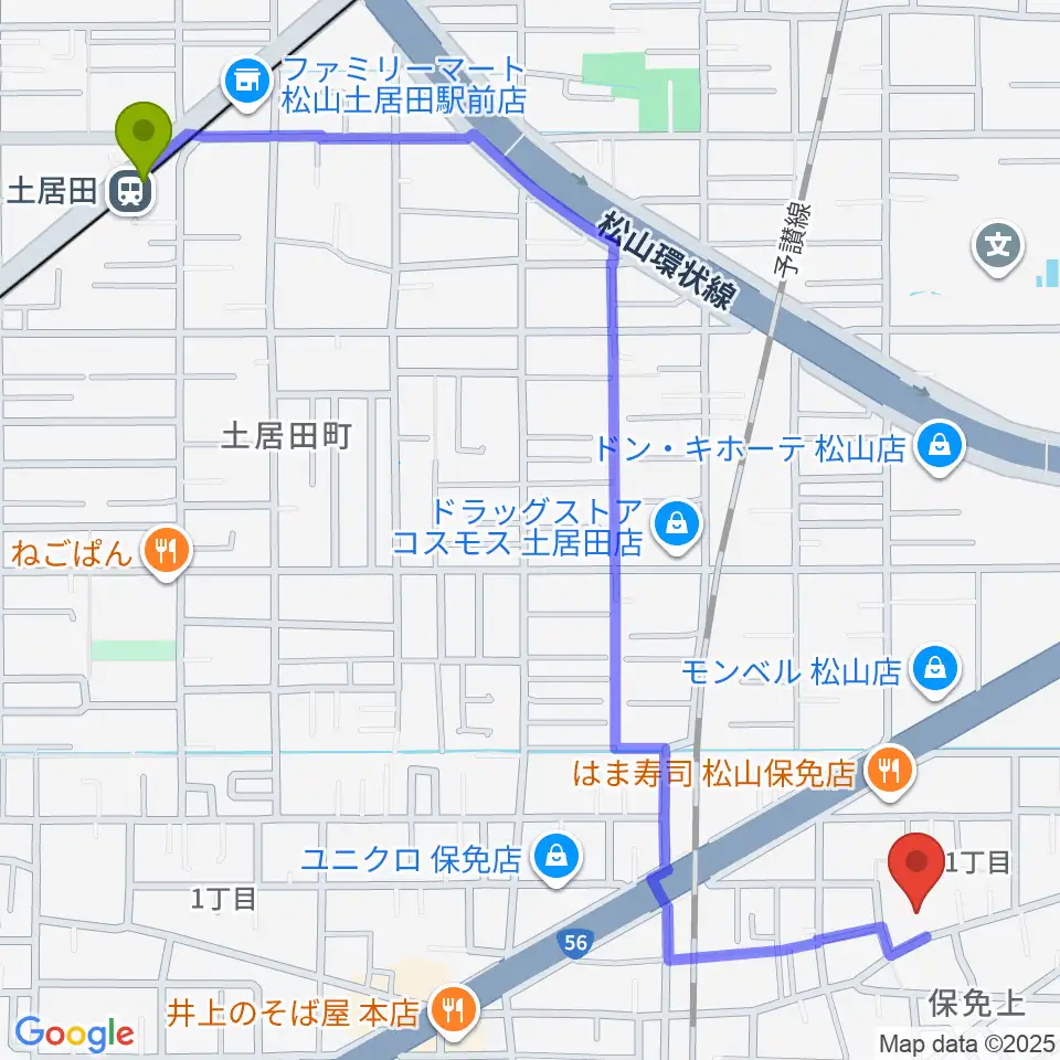 のぞみピアノ教室の最寄駅土居田駅からの徒歩ルート（約16分）地図