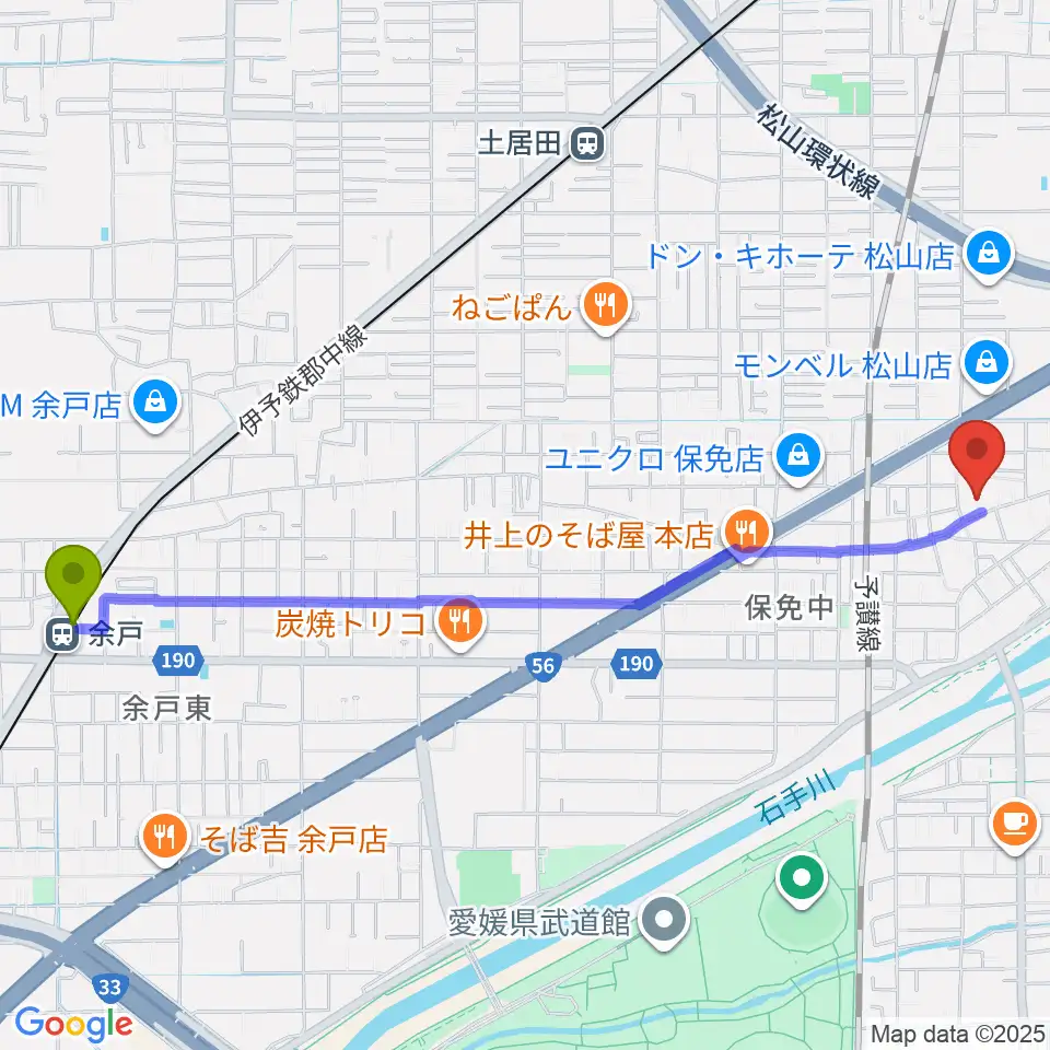 余戸駅からのぞみピアノ教室へのルートマップ地図