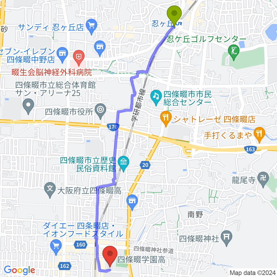 忍ケ丘駅から四條畷学園音楽教室へのルートマップ地図