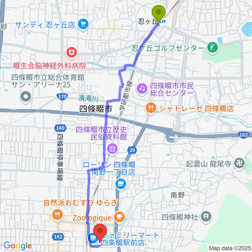 忍ケ丘駅から四條畷学園音楽教室へのルートマップ地図
