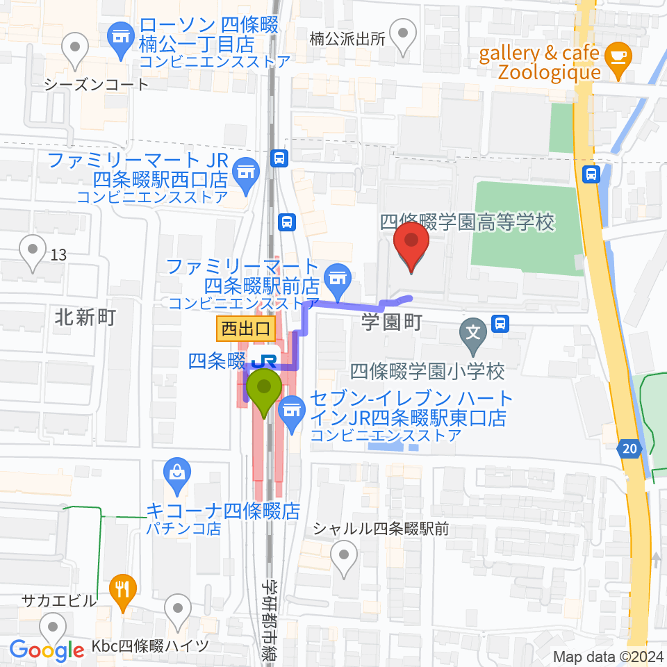 四條畷学園音楽教室の最寄駅四条畷駅からの徒歩ルート（約2分）地図