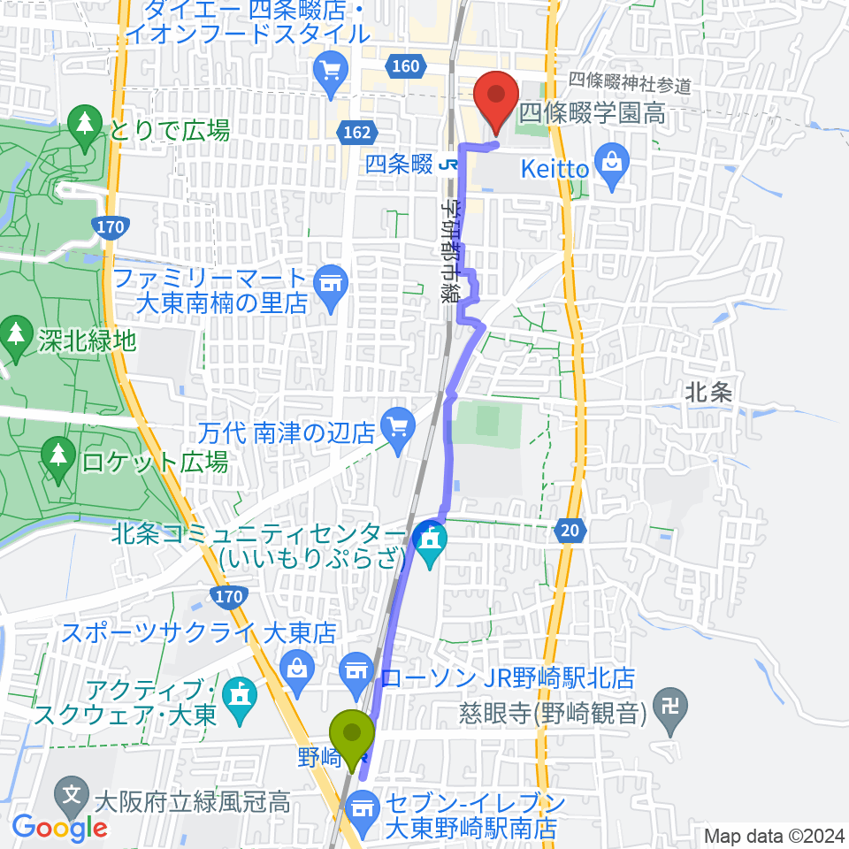 野崎駅から四條畷学園音楽教室へのルートマップ地図
