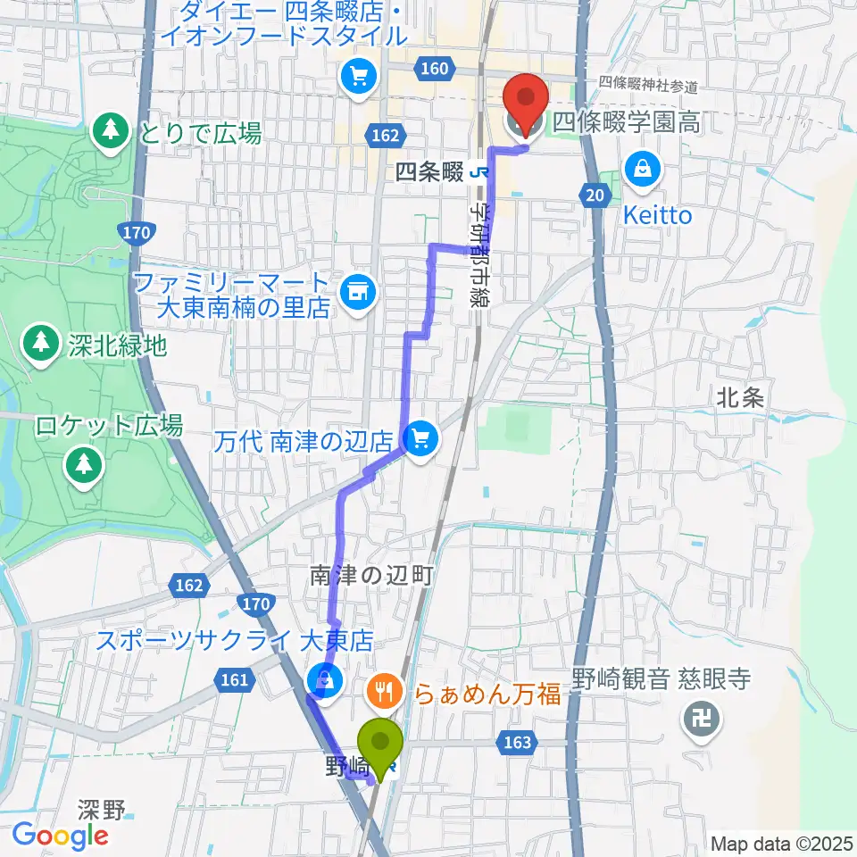 野崎駅から四條畷学園音楽教室へのルートマップ地図