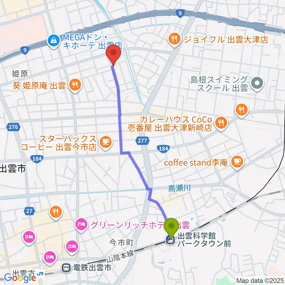 車田音楽教室 出雲教室の最寄駅出雲科学館パークタウン前駅からの徒歩ルート（約20分）地図