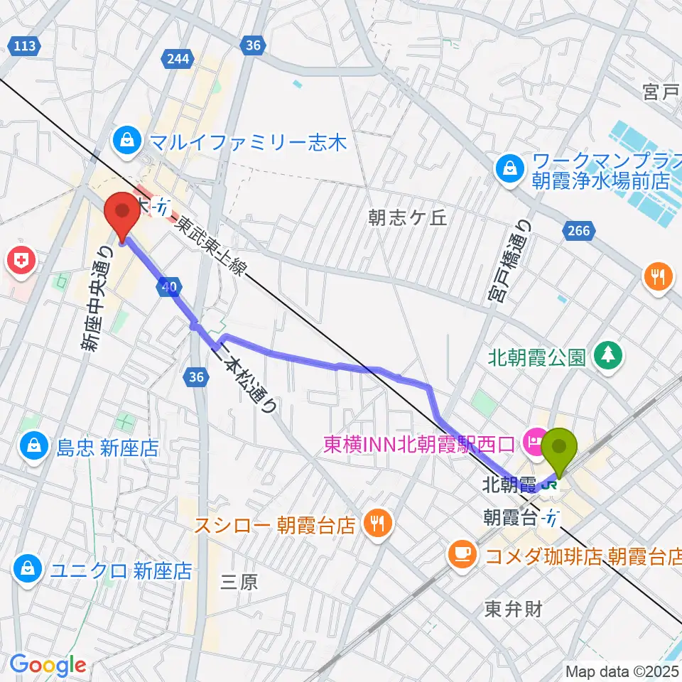 北朝霞駅から森音楽教室へのルートマップ地図