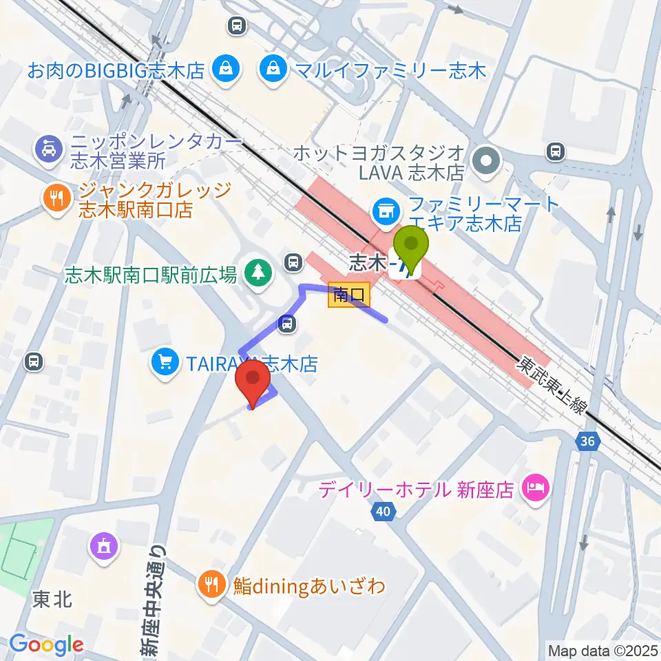 森音楽教室の最寄駅志木駅からの徒歩ルート（約2分）地図