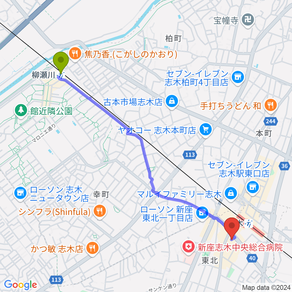 柳瀬川駅から志木駅前 森音楽教室へのルートマップ地図