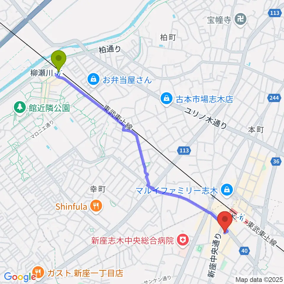 柳瀬川駅から森音楽教室へのルートマップ地図