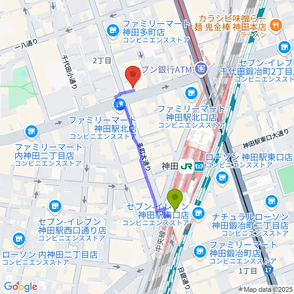 神田音楽学校の最寄駅神田駅からの徒歩ルート（約3分）地図