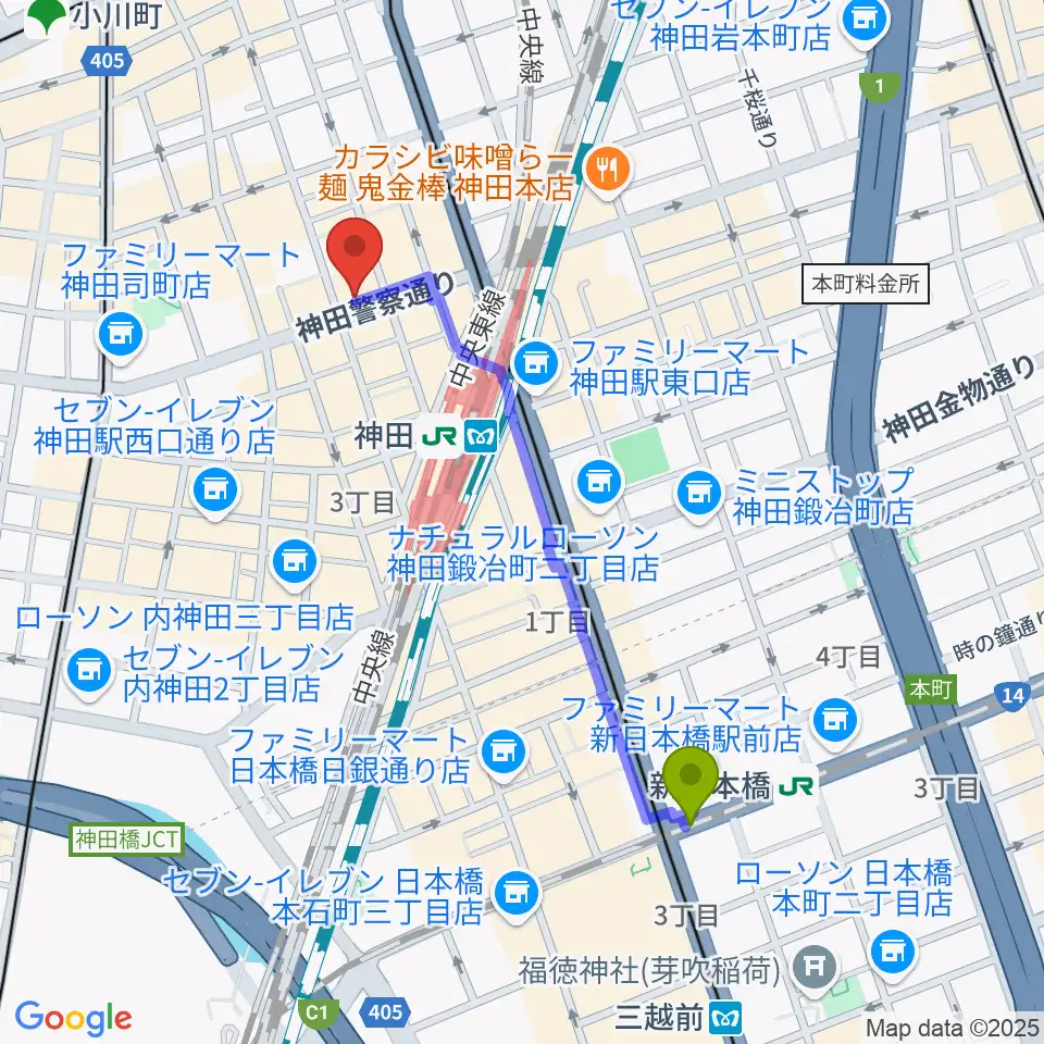 新日本橋駅から神田音楽学校へのルートマップ地図