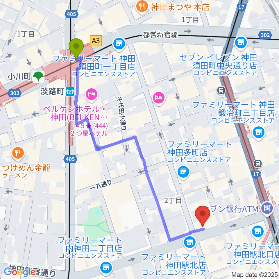 淡路町駅から神田音楽学校へのルートマップ地図
